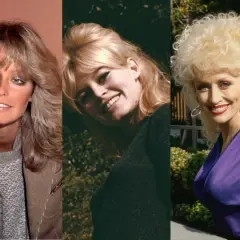 Ikony stylu z lat 80. z bujnymi fryzurami: Farrah Fawcett, Brigitte Bardot i Dolly Parton.