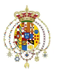 Stemma reale del regno delle due Sicilie, con corona e collane di ordini cavallereschi.