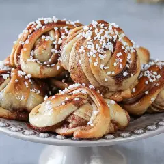 En hög med nybakade kanelbullar, perfekta för ett kanelbullar recept. Strösslade med pärlsocker.