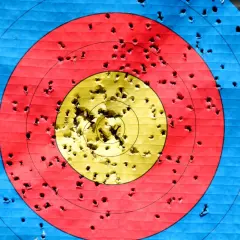 Tarcza strzelecka z licznymi dziurami po strzałach. Wiele trafień w środek, co świadczy o dobrym treningu do uzyskania pozwolenia na broń sportową.