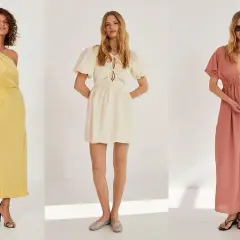 Trzy modelki prezentują letnie sukienki polskiego producenta: żółtą satynową, kremową z bufiastymi rękawami i łososiową maxi.