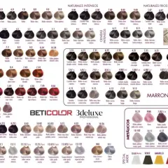Carta de colores de tintes para el cabello, mostrando una variedad de tonos y mechas de cabello de colores.