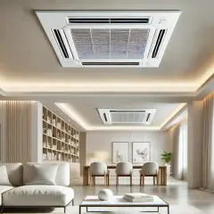 Un salon moderne avec un système de clim gainable plafond discret, un canapé blanc confortable et une bibliothèque murale.