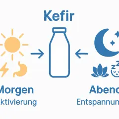 Kefir na noc dla relaksu, rano dla energii. Ilustracja pokazuje słońce i żołądek po lewej, butelkę kefiru w centrum, a księżyc, kwiat i śpiącą twarz po prawej.