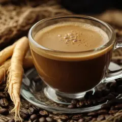 Tazza di caffè fumante con radici di ginseng e chicchi di caffè tostati. Il ginseng è un ingrediente che dona energia.
