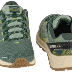 Zielone buty Merrell Fly Strike z żółtymi akcentami, idealne na szlaki.