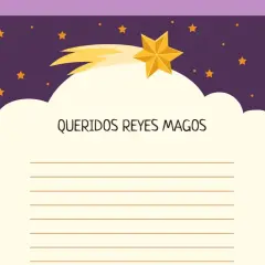 Plantilla para escribir la carta de los Reyes Magos a los niños. Incluye un espacio para escribir y una estrella fugaz en un cielo estrellado.