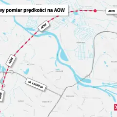 Mapa pokazuje odcinek AOW z zaznaczonym odcinkowym pomiarem prędkości. Czerwona linia z kropkami oznacza trasę pomiaru.