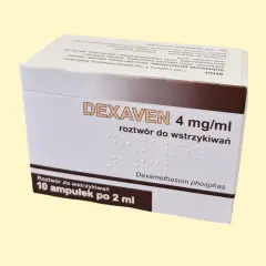 Opakowanie leku Dexaven 4 mg/ml, roztwór do wstrzykiwań. Stosowany w leczeniu stanów zapalnych i alergicznych.