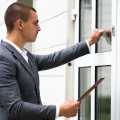 Mężczyzna w garniturze puka do drzwi, trzymając teczkę. Zastanawia się, ile czasu ma sąd na wysłanie pozwu do pozwanego.