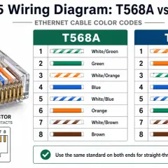 Diagrama de cableado RJ45: T568A vs T568B, mostrando el poe pinout y códigos de colores para cables Ethernet.