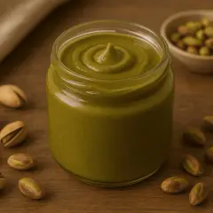 Vasetto di cremosa pasta di pistacchio, circondato da pistacchi sgusciati e con guscio.