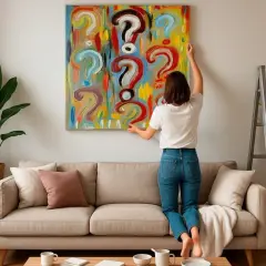 A woman hangs a colorful, question-mark-filled painting, pondering how to choose art for her home.