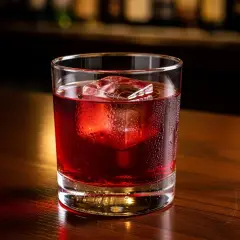 Ett glas med en röd negroni, isbitar och kondens på glaset, på en träyta. Perfekt för ett negroni recept.