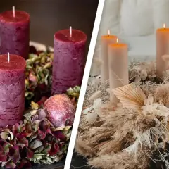Zwei Adventskranz dekorieren Ideen: Ein Kranz mit dunkelroten Kerzen und getrockneten Hortensien, daneben ein moderner Kranz mit hellen Kerzen und Pampasgras.