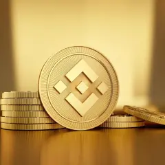 Złote monety z symbolem BNB, ułożone w stosy na błyszczącym, złotym tle.