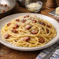 Un plat de spaghetti crémeux, garni de lardons croustillants et de parmesan râpé, évoquant une délicieuse sauce carbonara.