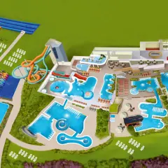 Plan obiektu z licznymi atrakcjami dla dzieci w Białce Tatrzańskiej: baseny, zjeżdżalnie, dmuchańce i leżaki.