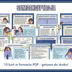 Samoakceptacja definicja: obraz przedstawia 15 kart z informacjami o samoakceptacji, samoocenie i sposobach pracy nad sobą.