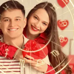 Zakochani, Baran i Ryby, w objęciach, z prezentem i horoskopem.