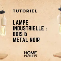 Lampada fai da te industriale in legno e metallo nero, con lampadina a filamento.