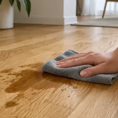 En hand torkar upp spill på ett parkettgolv med en mikrofiberduk. Flaskan med parkettrengöring står bredvid, ett klassiskt husmorstips för att hålla golvet rent.