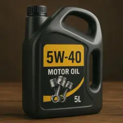 Czarny kanister z olejem silnikowym 5W-40 na drewnianym tle.