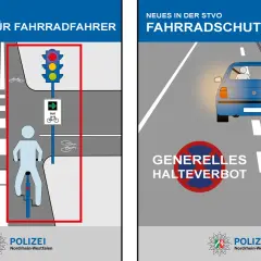 Links: Grüner Pfeil für Radfahrer nach StVO. Rechts: Fahrradschutzstreifen mit generellem Halteverbot.