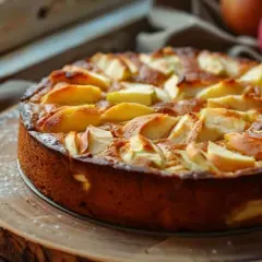 Gâteau yaourt pomme doré, garni de quartiers de pommes caramélisés, saupoudré de sucre glace, sur un plateau en bois rustique.