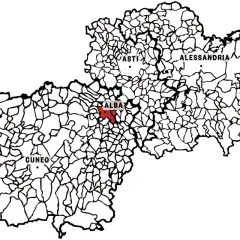 Mappa del Piemonte con Alba evidenziata in rosso. Qui si trovano le origini del pregiato vino Barbaresco, noto per le sue caratteristiche uniche.