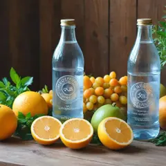 Dwie butelki wody Borjomi, cytrusy i winogrona na drewnianym stole. Ile pić wody Borjomi? Zależy od potrzeb.