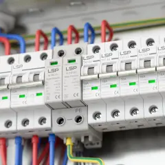 Zabezpieczenie przeciwprzepięciowe LSP chroni instalację elektryczną przed nagłymi skokami napięcia. Widać tu kilka modułów zabezpieczających.