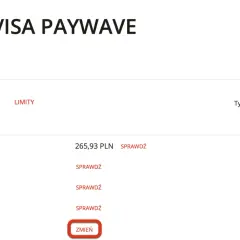 Widok karty mBank Visa z opcją "ZMIEŃ" przy limitach autoryzacyjnych, sugerującą jak zmienić limit w mBanku.
