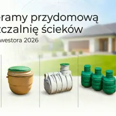 Różne rodzaje przydomowych oczyszczalni ścieków na tle domu.