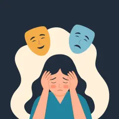 Smutna dziewczyna z maskami radości i smutku nad głową, symbolizująca choroby psychosomatyczne.