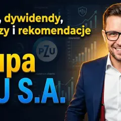 Uśmiechnięty mężczyzna w okularach na tle wykresów i logo PZU. Analizy, prognozy i rekomendacje dla Grupy PZU S.A.
