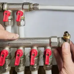 Montaż podłączenia dolnego grzejnika PEX. Ręce instalatora przykręcają złączkę do rozdzielacza.