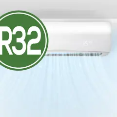 Aire acondicionado con símbolo de hoja y R32. El gas R32 es una alternativa ecológica, no prohibido.