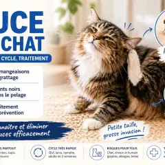 Un chat se gratte, victime de puces. L'image détaille symptômes, cycle et traitement, suggérant un produit anti puce chat maison efficace.