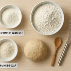 Pour remplacer la gomme de xanthane, la gomme de guar est une excellente alternative. L'image montre ces ingrédients pour la pâtisserie.