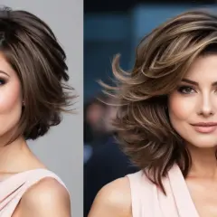 Zwei Porträts einer Frau mit einem modernen Stufenschnitt für feines Haar. Der Schnitt verleiht Volumen und Bewegung.