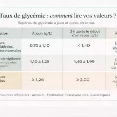 Tableau expliquant les valeurs de glycémie normales, de vigilance et élevées pour une femme, à jeun et après repas.