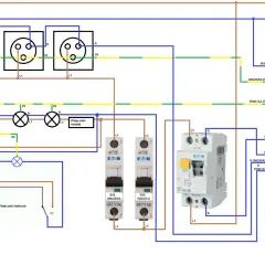 Schemat instalacji TNS z gniazdkami, oświetleniem i wyłącznikami.