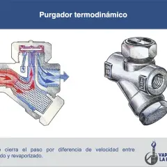 Diagrama de un purgador de condensados termodinámico, mostrando su funcionamiento interno y una vista externa.