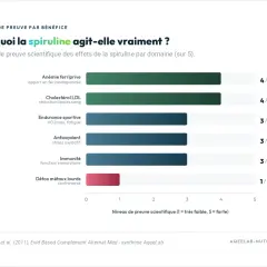 Graphique montrant les bienfaits de la spiruline : bon apport en fer, réduction du cholestérol LDL, endurance, antioxydant et immunité. Détox métaux lourds controversé.