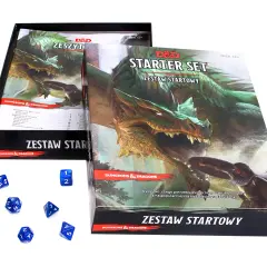 Zestaw startowy Dungeons & Dragons z kostkami. Smok i rycerz na okładce zapraszają do przygody.