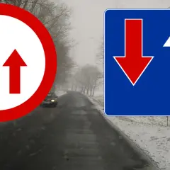 Znak pierwszeństwo dla nadjeżdżających z przeciwka. Na drodze zimą, znaki drogowe informują o ustąpieniu pierwszeństwa.