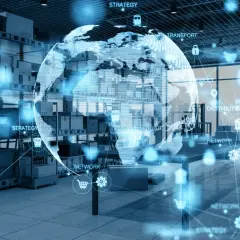 Globalny magazyn z wizualizacją danych, pokazujący sieć i strategię 7R.