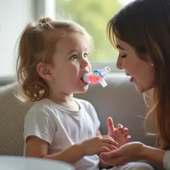 Kobieta pomaga dziecku z inhalatorem.