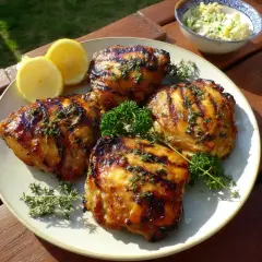 Grillad, saftig marinera kyckling med örter och citronklyftor på en tallrik. Perfekt sommarmat!